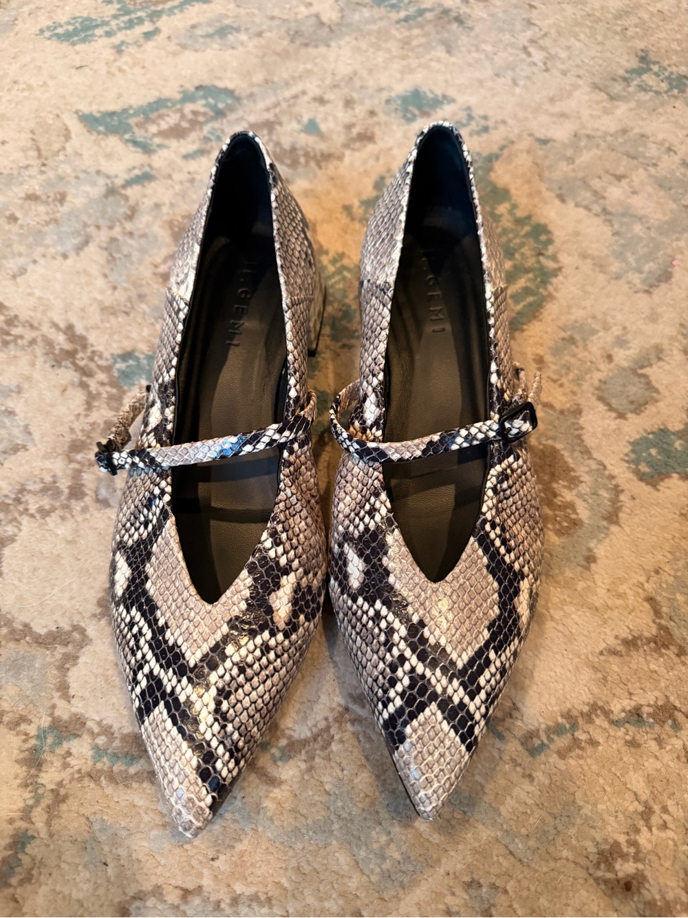 M.Gemi Snakeskin Pointed Toe Mary Jane Block Heel Pumps 38.5
